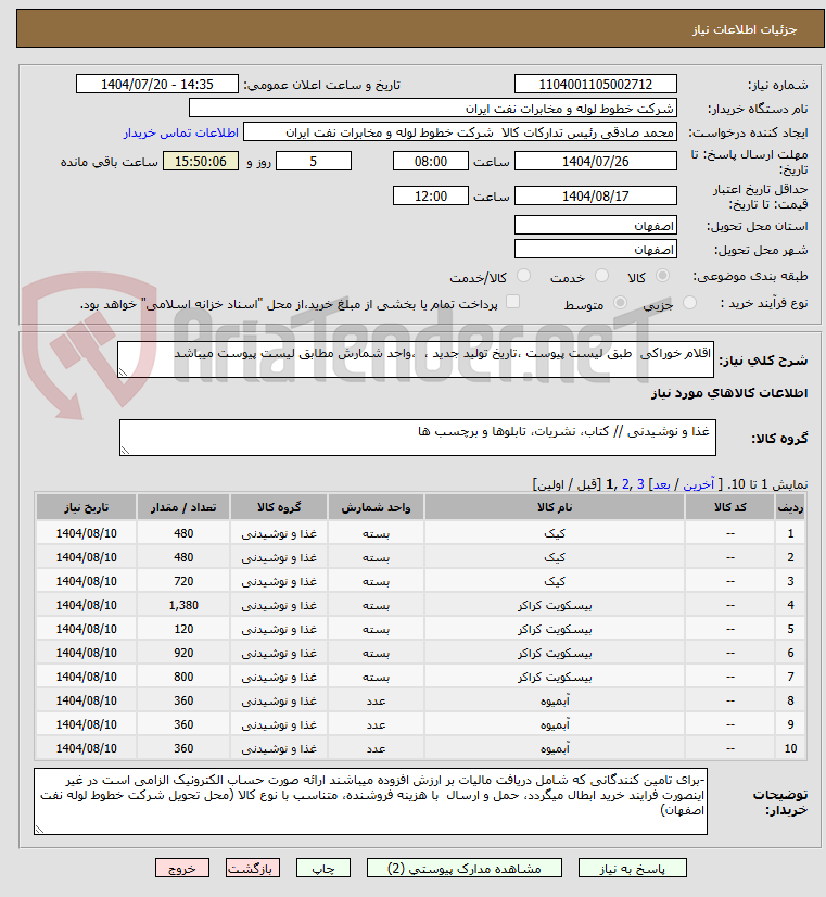 تصویر کوچک آگهی اقلام خوراکی طبق لیست پیوست ،تاریخ تولید جدید ، ،واحد شمارش مطابق لیست پیوست میباشد