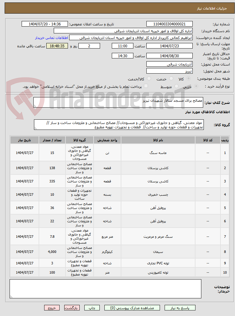 تصویر کوچک آگهی مصالح برای مسجد سالار شهیدان تبریز