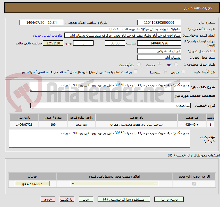 تصویر کوچک آگهی جدول گذاری به صورت جوب دو طرفه با جدول 50*30 طبق بر آورد پیوستی روستای خیر آباد