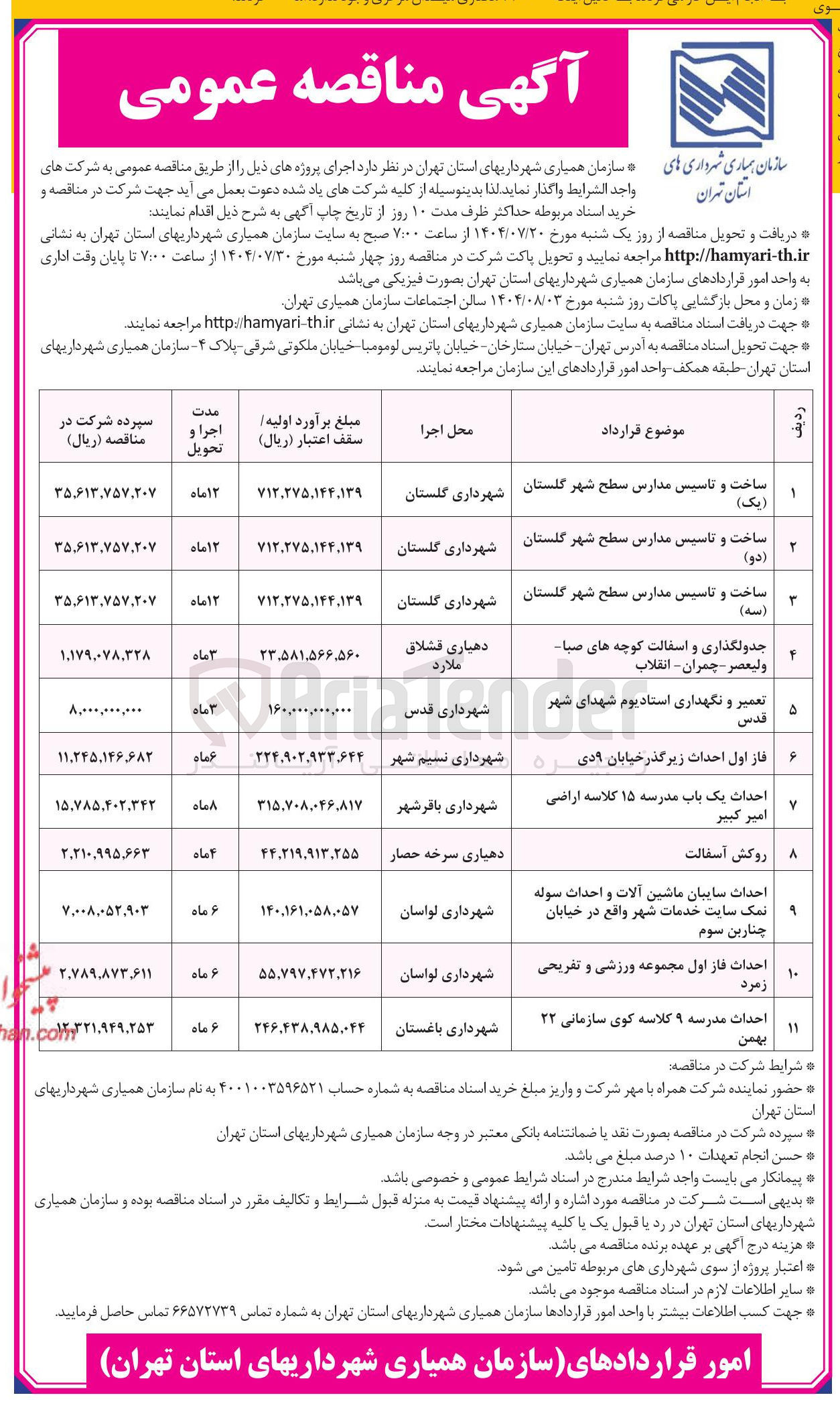 تصویر کوچک آگهی واگذاری احداث سایبان ماشین آلات و احداث سوله نمک سایت خدمات شهر واقع در خیابان چنارین سوم 
