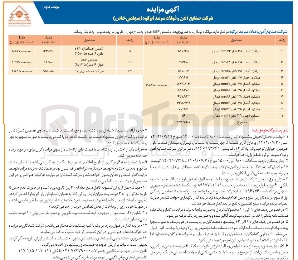 تصویر کوچک آگهی فروش میلگرد نرمال و به هم پیچیده و شمش SSP در 13 ردیف