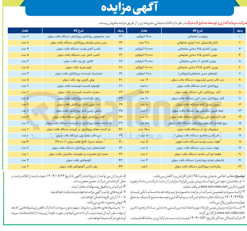 تصویر کوچک آگهی فروش اقلام ضایعاتی در 44 ردیف
