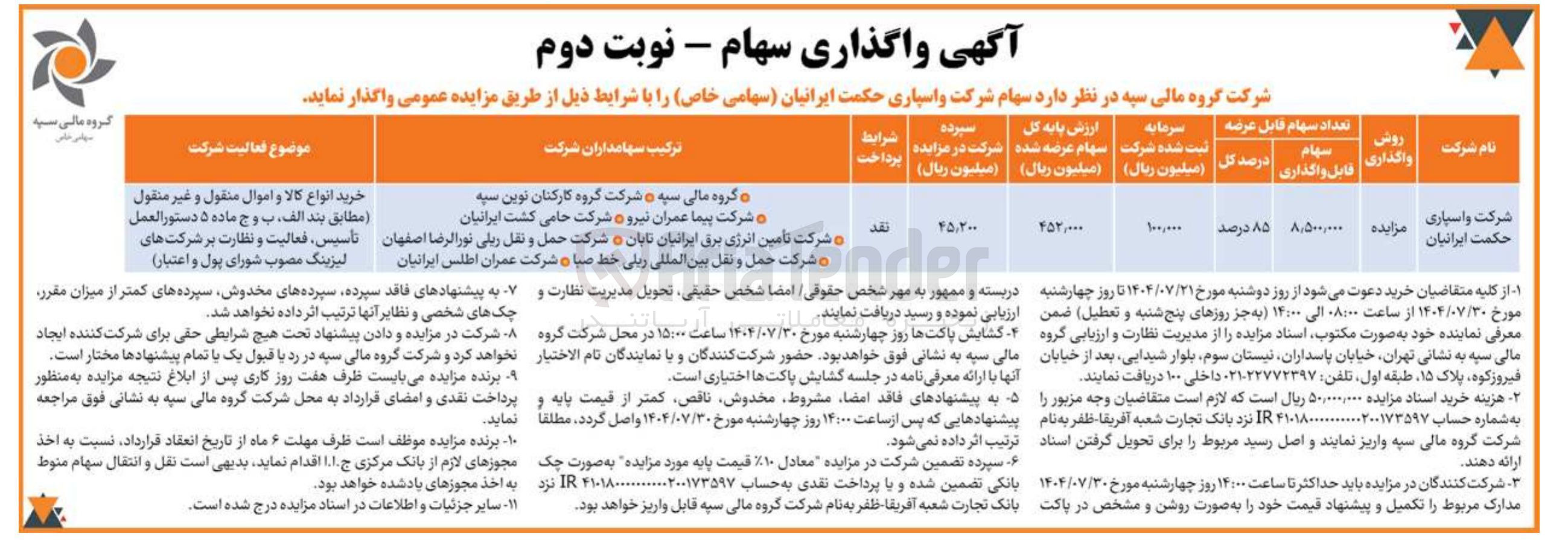 تصویر کوچک آگهی  واگذاری سهام