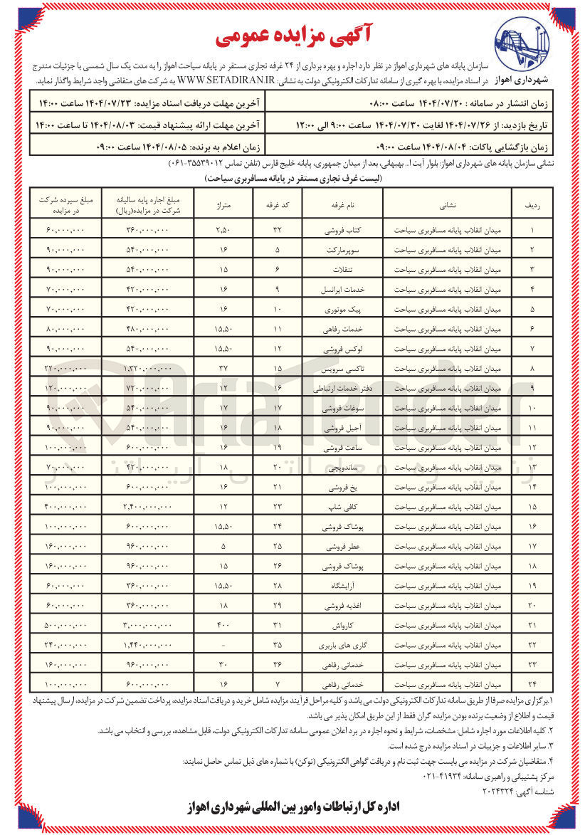 تصویر کوچک آگهی اجاره و بهره برداری از ۲۴ غرفه تجاری