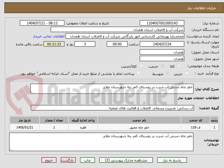 تصویر کوچک آگهی حفر چاه دستی آب شرب در روستای کمر بنه شهرستان ملایر