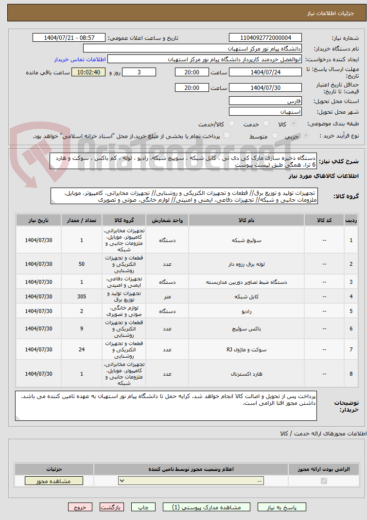 تصویر کوچک آگهی دستگاه ذخیره سازی مارک کی دی تی ، کابل شبکه ، سوییچ شبکه، رادیو ، لوله ، کم باکس ، سوکت و هارد 6 ترا، همگی طبق لیست پیوست