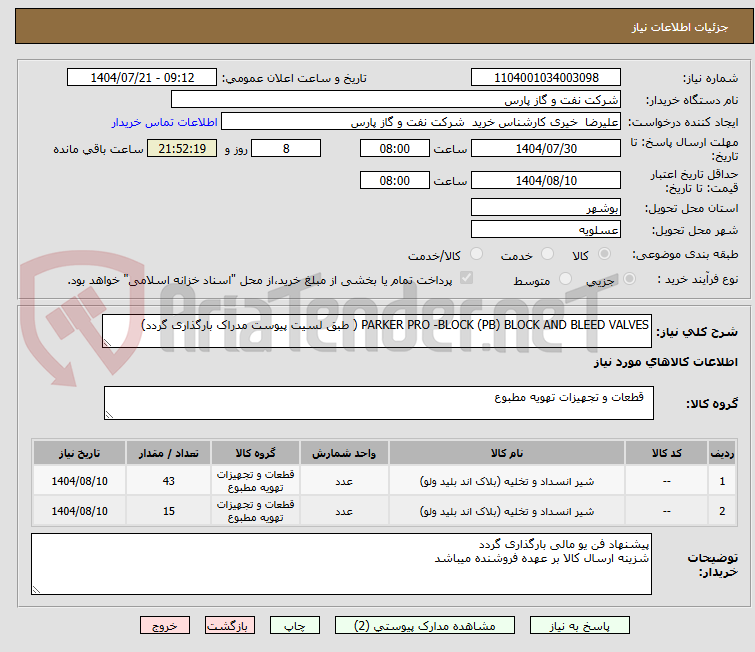 تصویر کوچک آگهی PARKER PRO -BLOCK (PB) BLOCK AND BLEED VALVES ( طبق لسیت پیوست مدراک بارگذاری گردد)