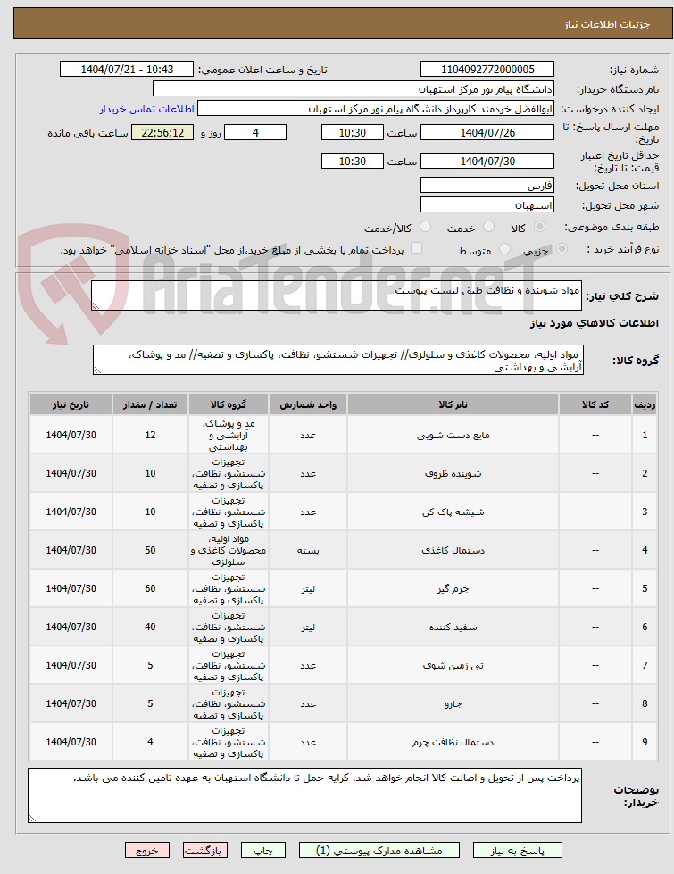 تصویر کوچک آگهی مواد شوینده و نظافت طبق لیست پیوست