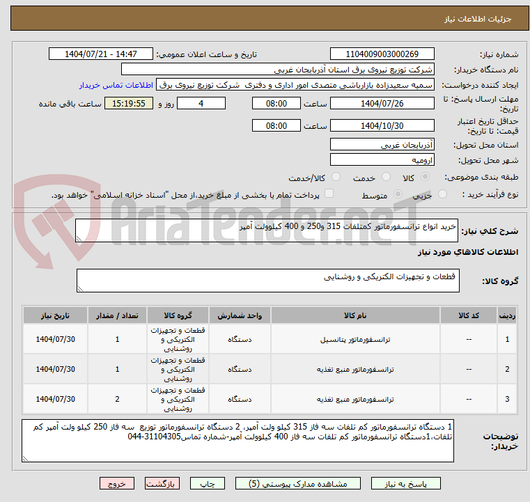 تصویر کوچک آگهی خرید انواع ترانسفورماتور کمتلفات 315 و250 و 400 کیلوولت آمپر 