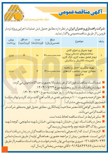 تصویر کوچک آگهی تهیه متریال و اجرای کامل ساختمان های خدماتی پروزه تره بار شامل سفت کاری ، نازک کاری تاسیسات الکتریکی و مکانیکی