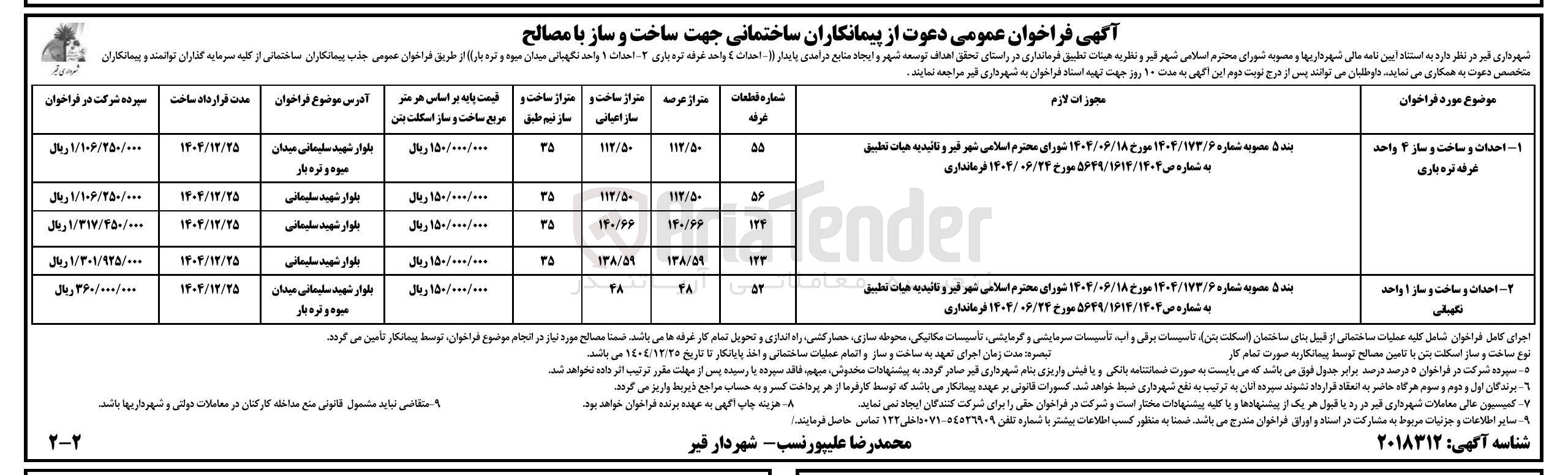 تصویر کوچک آگهی پیمانکاران ساختمانی جهت  احداث و ساخت و ساز ۴ واحد غرفه تره باری