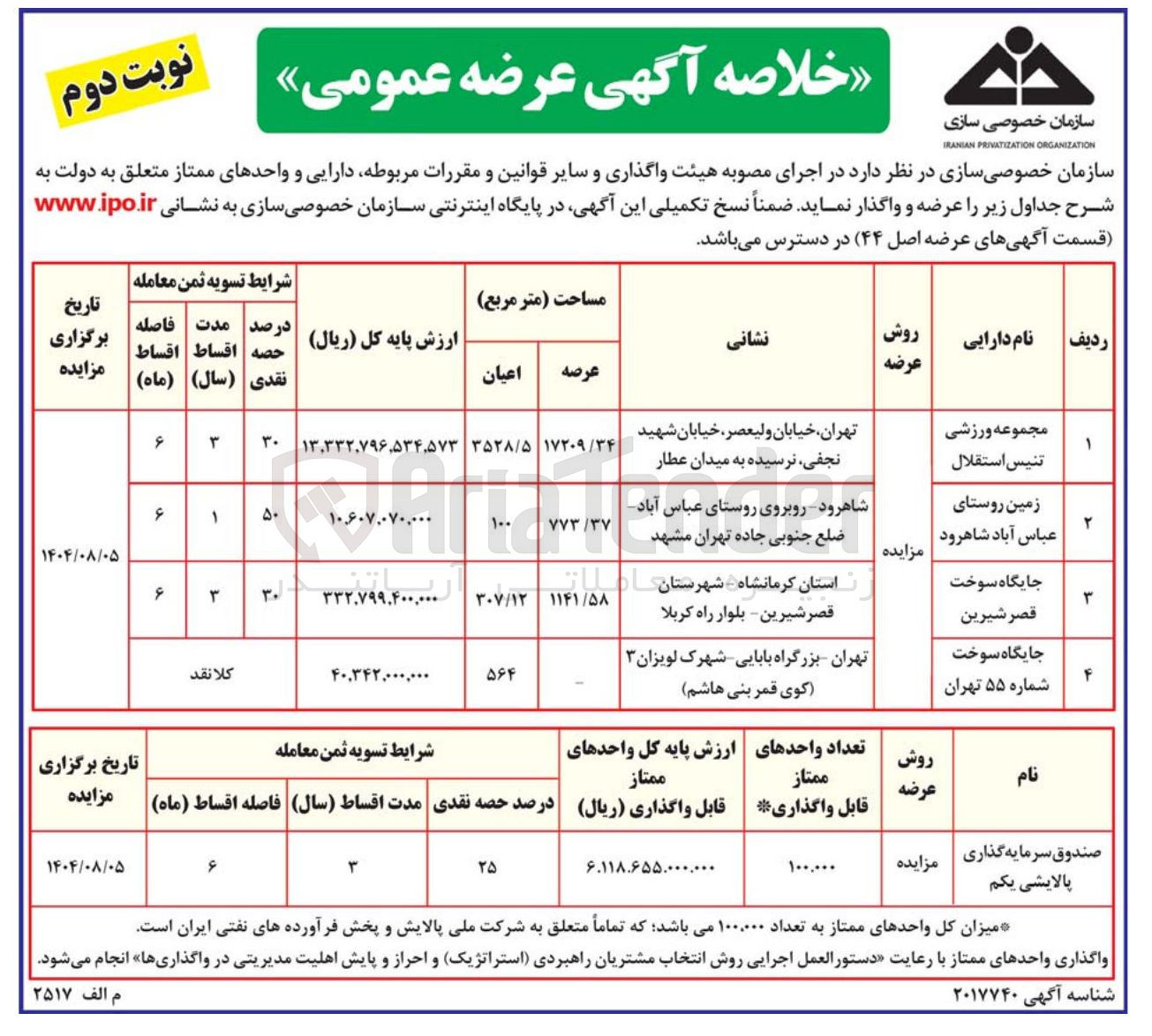 تصویر کوچک آگهی واگذاری دارایی و واحدهای ممتاز در 4 ردیف