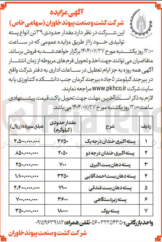 تصویر کوچک آگهی فروش مقدار حدودی ۳۹ تن انواع پسته تولیدی