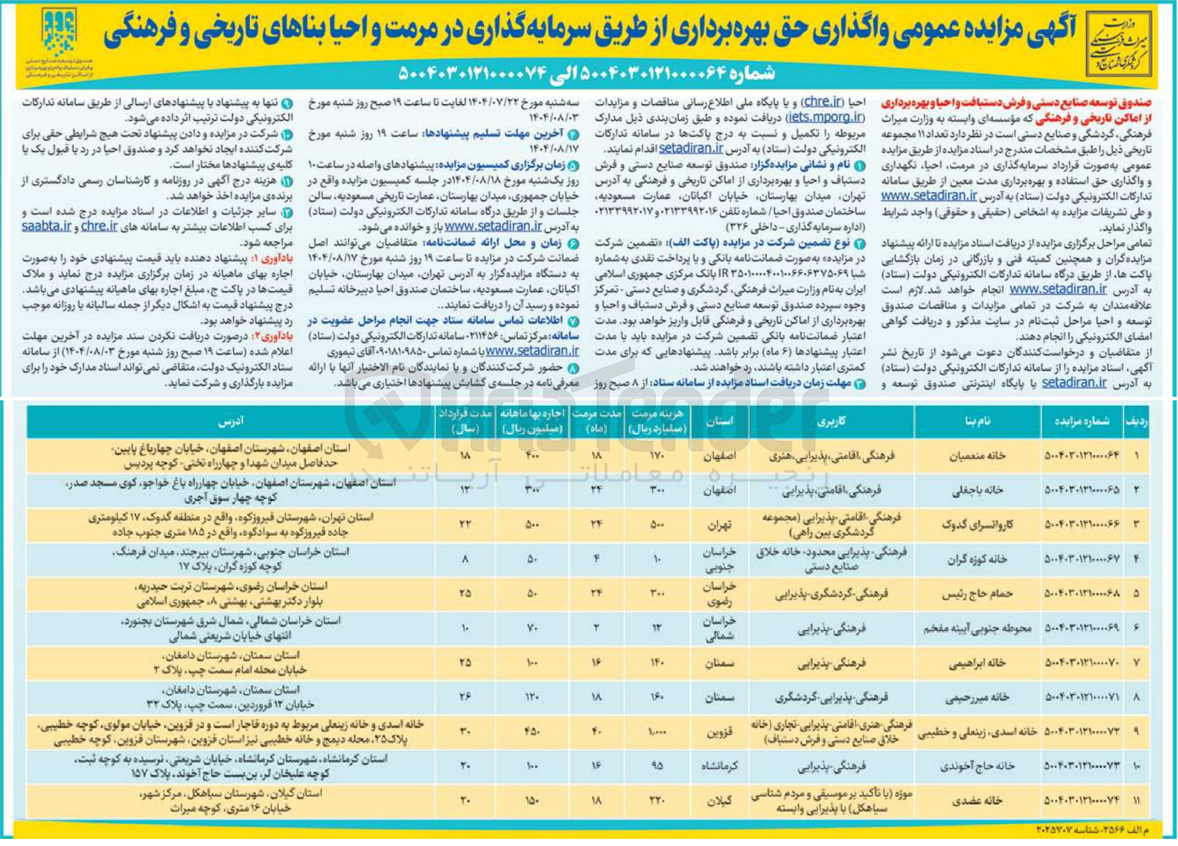 تصویر کوچک آگهی واگذاری حق بهره برداری از طریق سرمایه گذاری در مرمت و احیا بنا تاریخی و فرهنگی خانه اسدی زینعلی و خطیبی با کاربری فرهنگی، اقامتی، پذیرایی، هنری، تجاری (خانه خلاق صنایع دستی و فرش دستبافت)