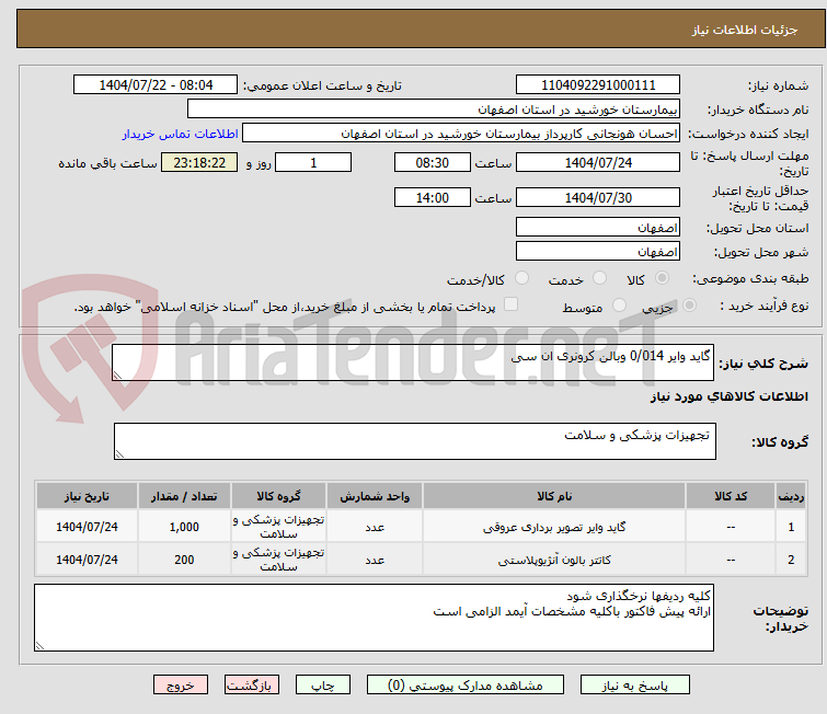 تصویر کوچک آگهی گاید وایر 0/014 وبالن کرونری ان سی