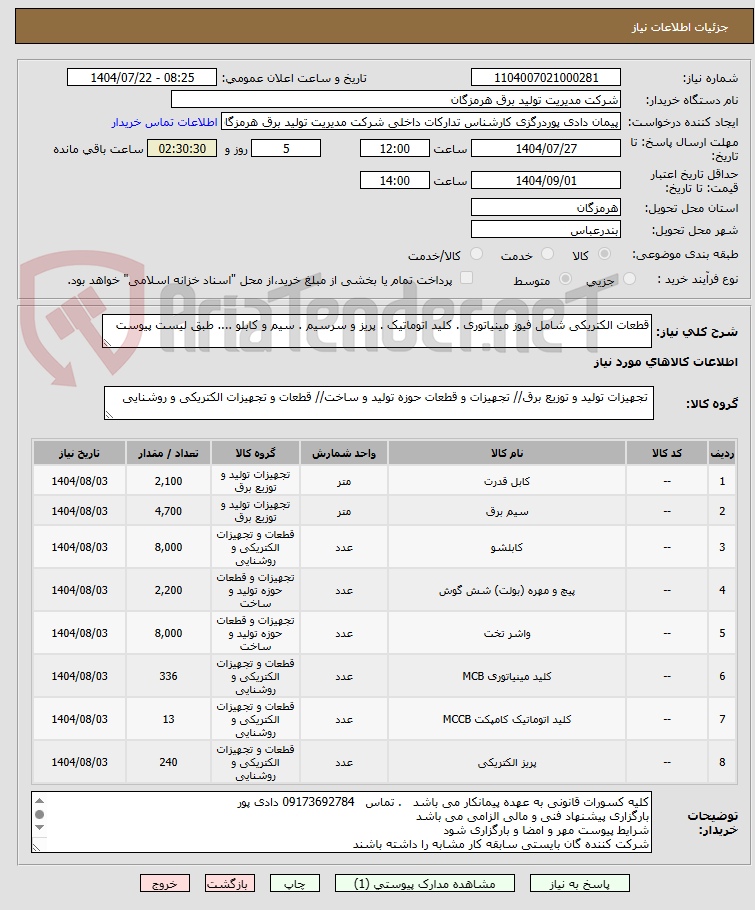 تصویر کوچک آگهی قطعات الکتریکی شامل فیوز مینیاتوری . کلید اتوماتیک . پریز و سرسیم . سیم و کابلو .... طبق لیست پیوست