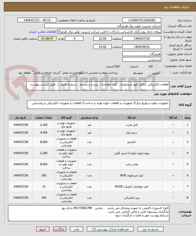 تصویر کوچک آگهی قطعات الکتریکی شامل فیوز مینیاتوری . کلید اتوماتیک . پریز و سرسیم . سیم و کابلو .... طبق لیست پیوست