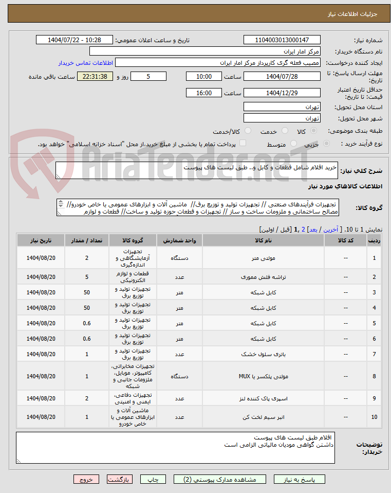 تصویر کوچک آگهی خرید اقلام شامل قطعات و کابل و.. طبق لیست های پیوست