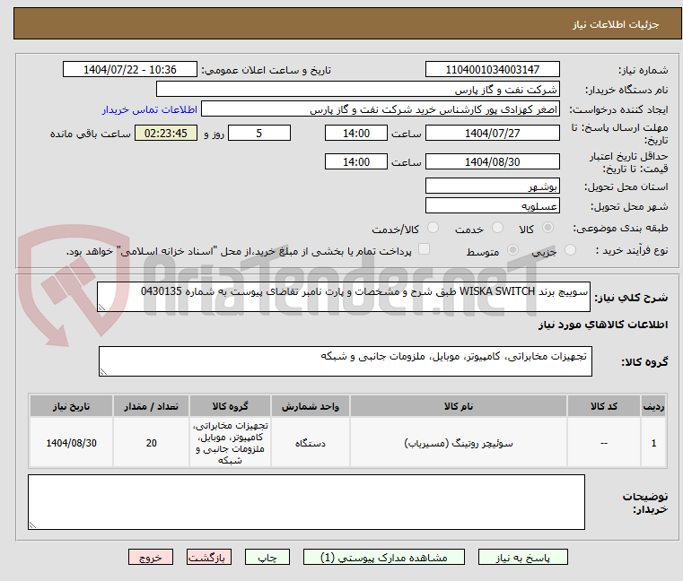تصویر کوچک آگهی سوییچ برند WISKA SWITCH طبق شرح و مشخصات و پارت نامبر تقاضای پیوست به شماره 0430135