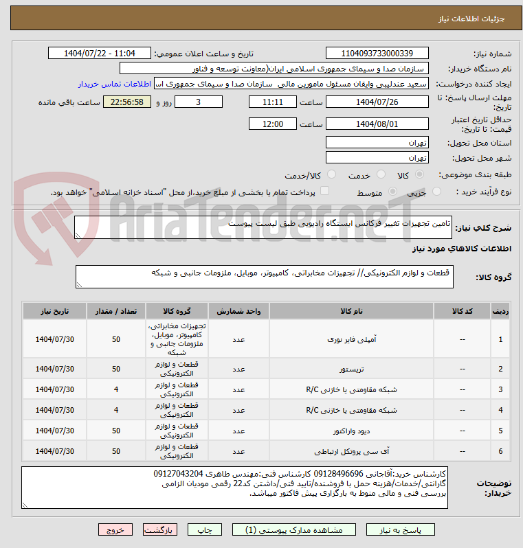 تصویر کوچک آگهی تامین تجهیزات تغییر فرکانس ایستگاه رادیویی طبق لیست پیوست