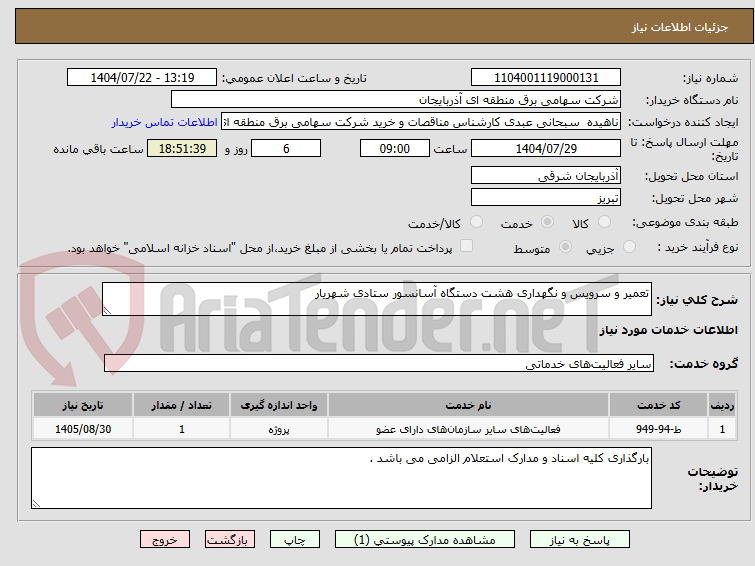 تصویر کوچک آگهی تعمیر و سرویس و نگهداری هشت دستگاه آسانسور ستادی شهریار