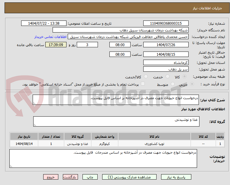 تصویر کوچک آگهی درخواست انواع حبوبات جهت مصرف در آشپزخانه بر اساس فایل پیوست.