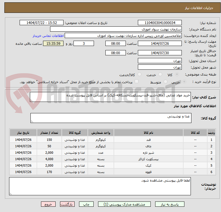 تصویر کوچک آگهی خرید مواد غذایی (چای-شیر-قند-بیسکویت-نسکافه-کیک) بر اساس فایل پیوست شده