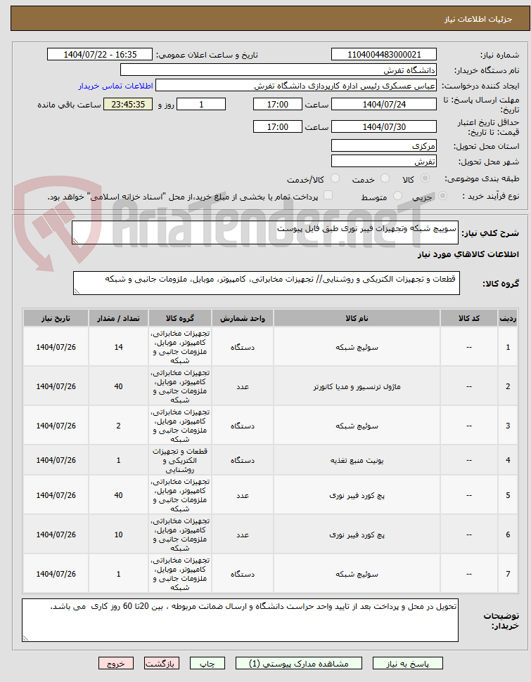 تصویر کوچک آگهی سوییچ شبکه وتجهیزات فیبر نوری طبق فایل پیوست