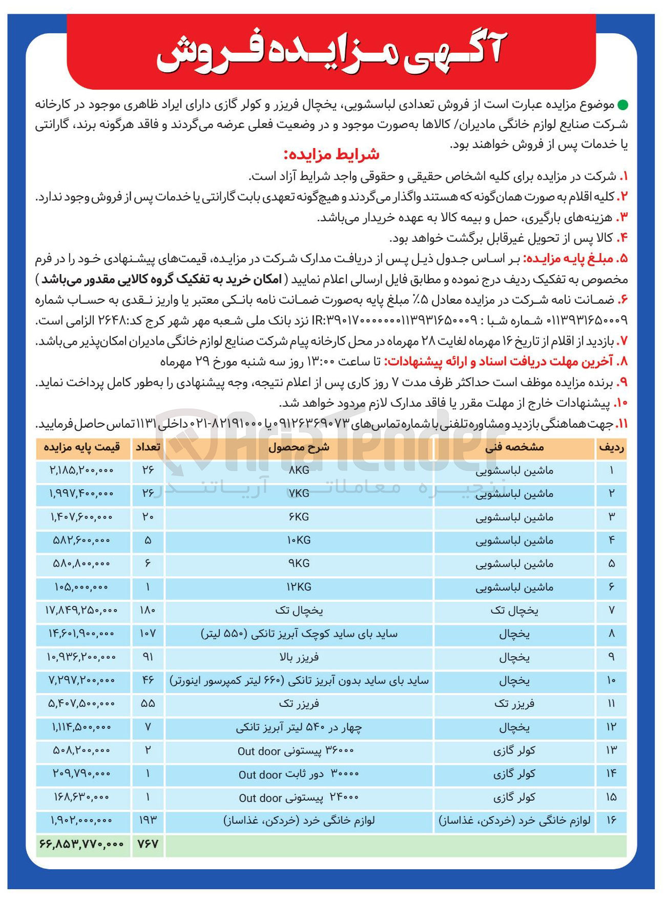 تصویر کوچک آگهی فروش تعدادی لباسشویی یخچال فریزر و کولر گازی دارای ایراد ظاهری در 16 ردیف