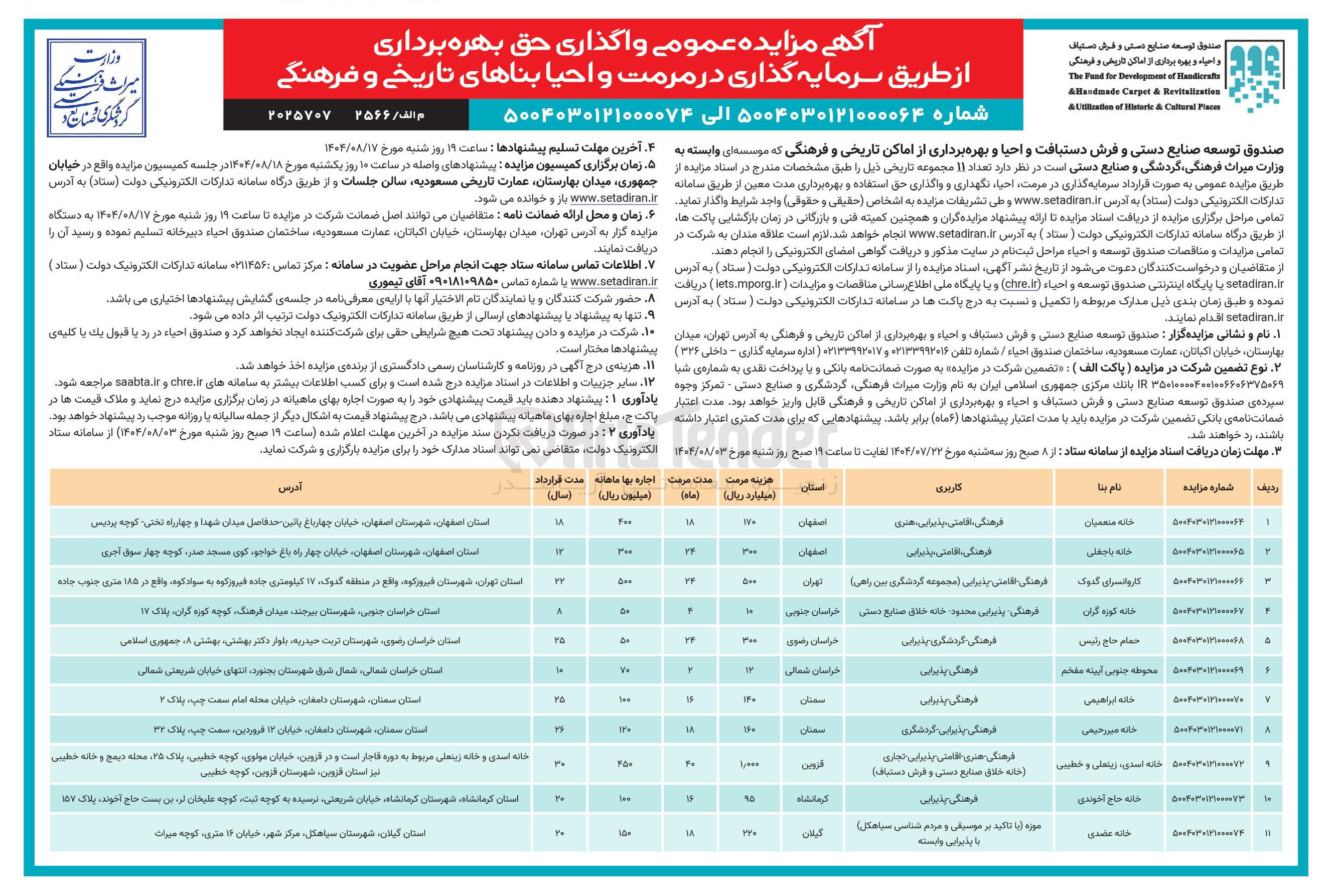 تصویر کوچک آگهی واگذاری حق بهره برداری از طریق سرمایه گذاری در مرمت و احیا بنا تاریخی و فرهنگی