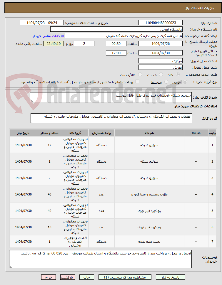 تصویر کوچک آگهی سوییچ شبکه وتجهیزات فیبر نوری طبق فایل پیوست