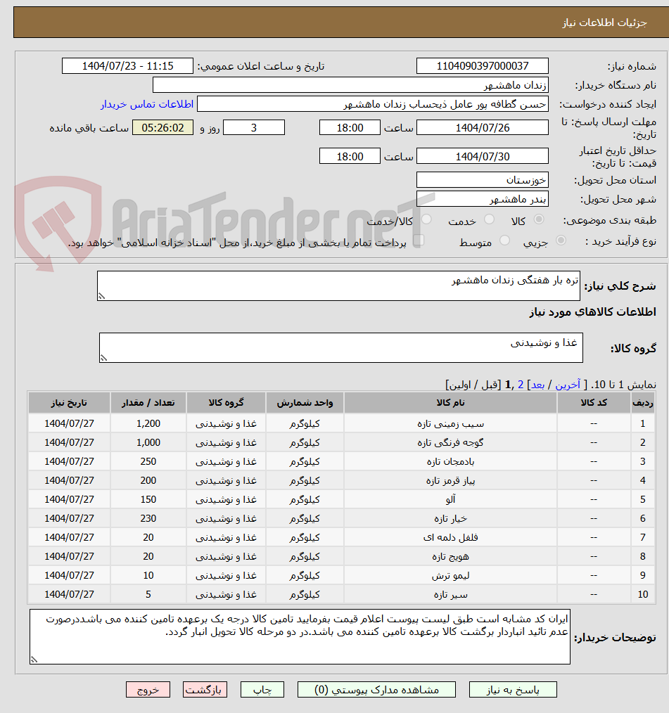 تصویر کوچک آگهی تره بار هفتگی زندان ماهشهر