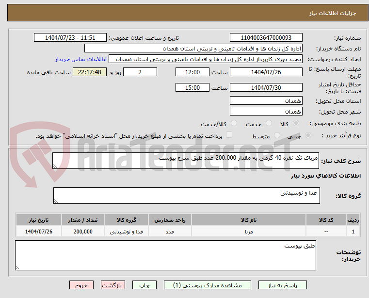 تصویر کوچک آگهی مربای تک نفره 40 گرمی به مقدار 200.000 عدد طبق شرح پیوست