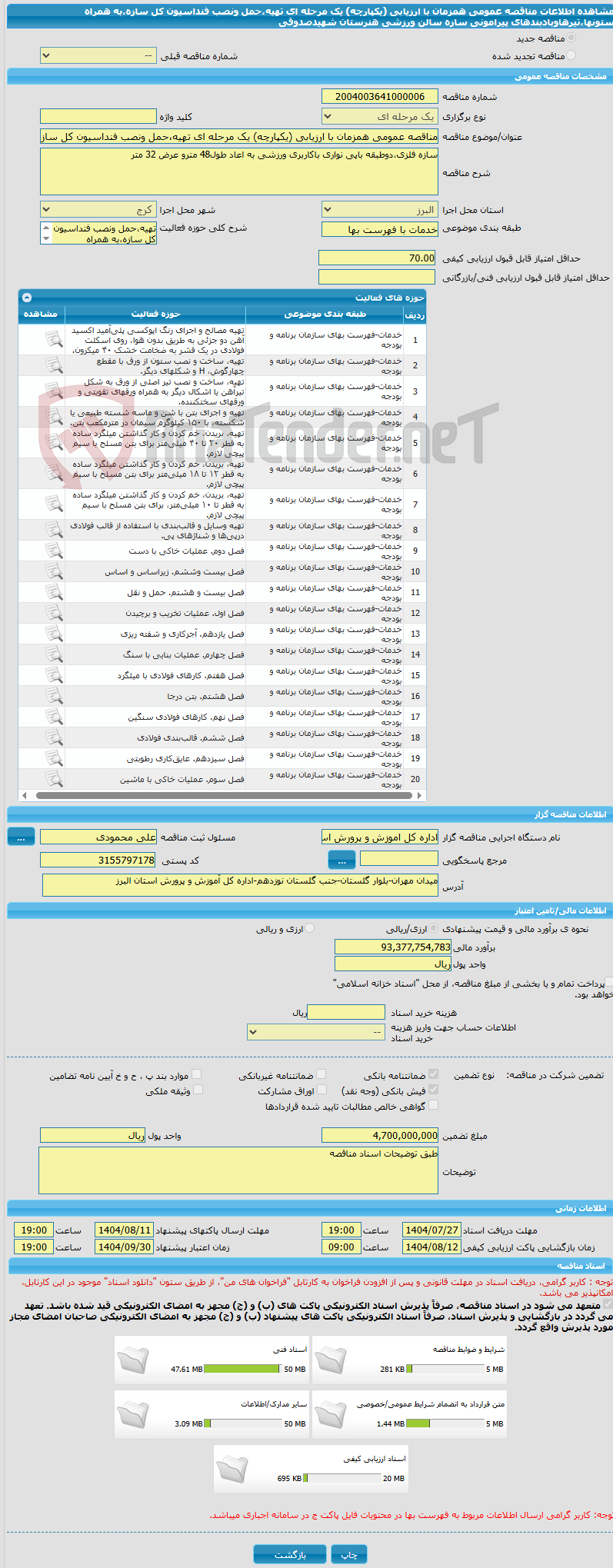 تصویر کوچک آگهی مناقصه عمومی همزمان با ارزیابی (یکپارچه) یک مرحله ای تهیه،حمل ونصب فنداسیون کل سازه،به همراه ستونها،تیرهاوبادبندهای پیرامونی سازه سالن ورزشی هنرستان شهیدصدوقی