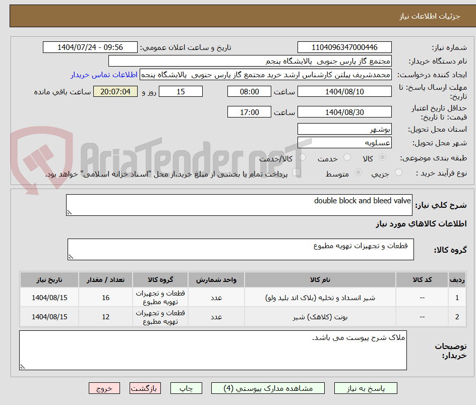 تصویر کوچک آگهی double block and bleed valve