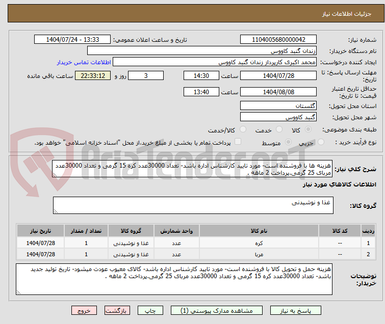 تصویر کوچک آگهی هزینه ها با فروشنده است- مورد تایید کارشناس اداره باشد- تعداد 30000عدد کره 15 گرمی و تعداد 30000عدد مربای 25 گرمی.پرداخت 2 ماهه .