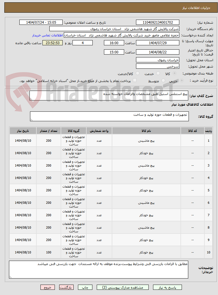 تصویر کوچک آگهی پیچ استنلس استیل طبق مشخصات والزامات خواسته شده