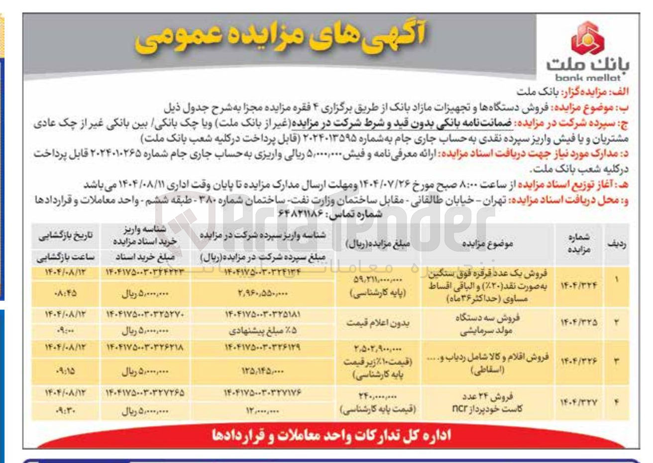 تصویر کوچک آگهی فروش دستگاهها و تجهیزات مازاد بانک از طریق برگزاری ۴ فقره به شرح زیر : فروش یک عدد قرقره فوق سنگین به صورت نقد ( ۲۰ ) و الباقی اقساط مساوی ( حداکثر ۳۶ ماه- فروش سه دستگاه مولد سرمایشی - فروش اقلام و کالا شامل ردیاب و ...... - فروش ۲۴ عدد کاست خود پرداز ncr