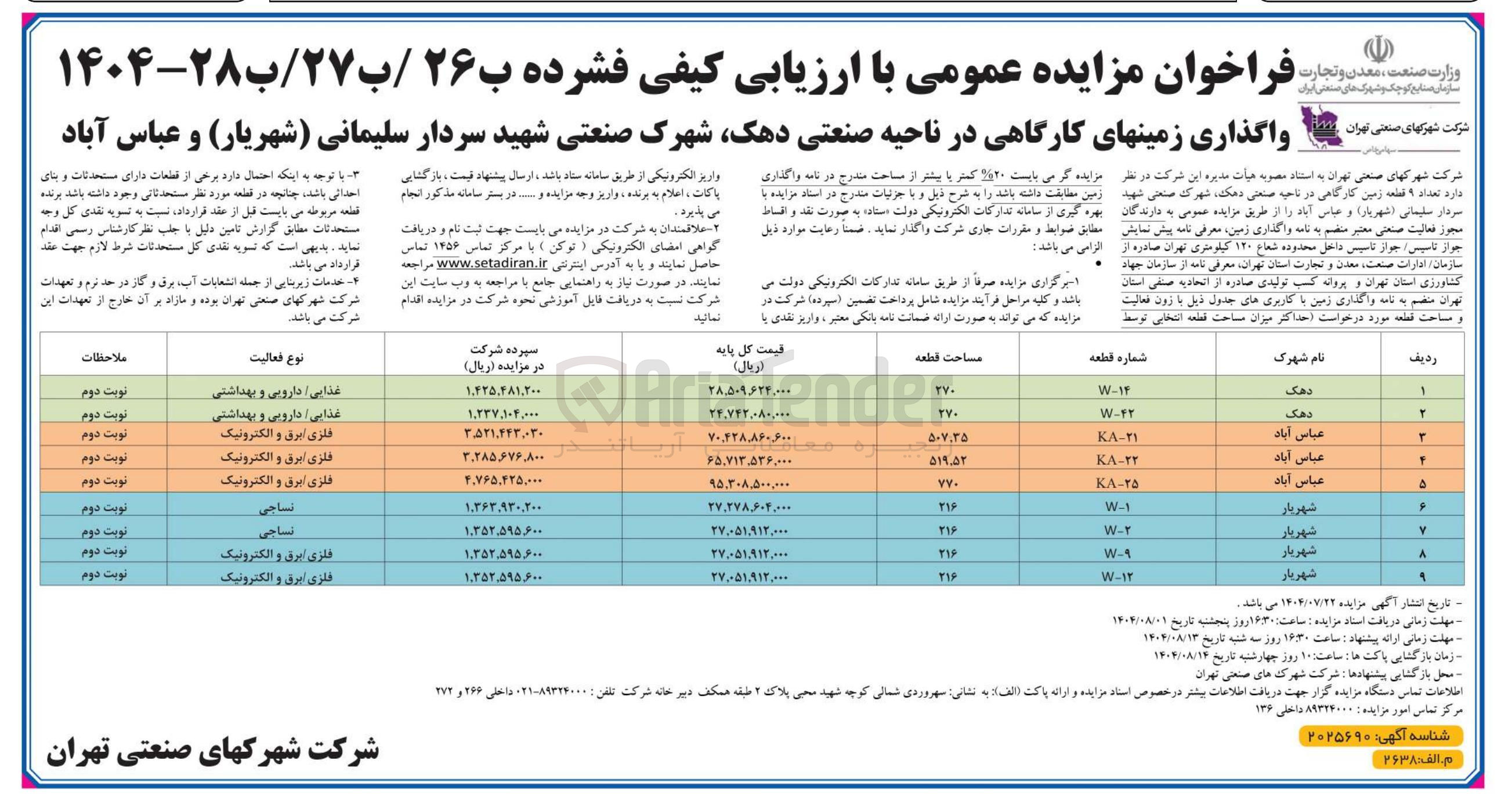 تصویر کوچک آگهی واگذاری زمین های کارگاهی در 9 ردیف
