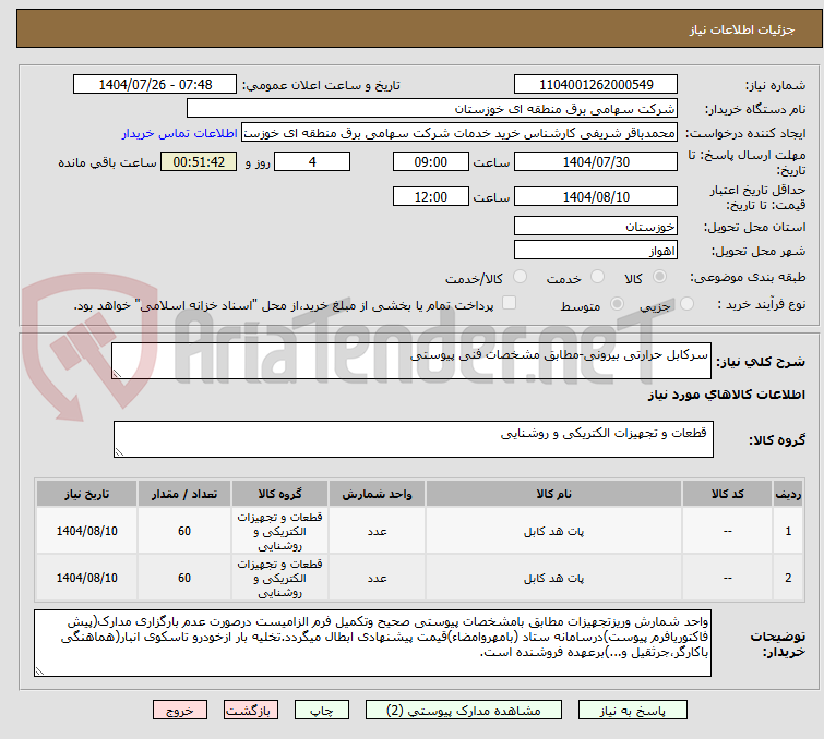 تصویر کوچک آگهی سرکابل حرارتی بیرونی-مطابق مشخصات فنی پیوستی