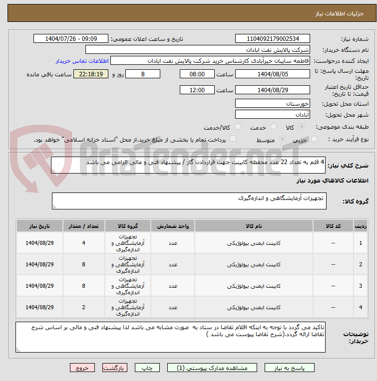 4 قلم به تعداد 22 عدد محفظه کابینت جهت قراردادن گاز / پیشنهاد فنی و مالی الزامی می باشد