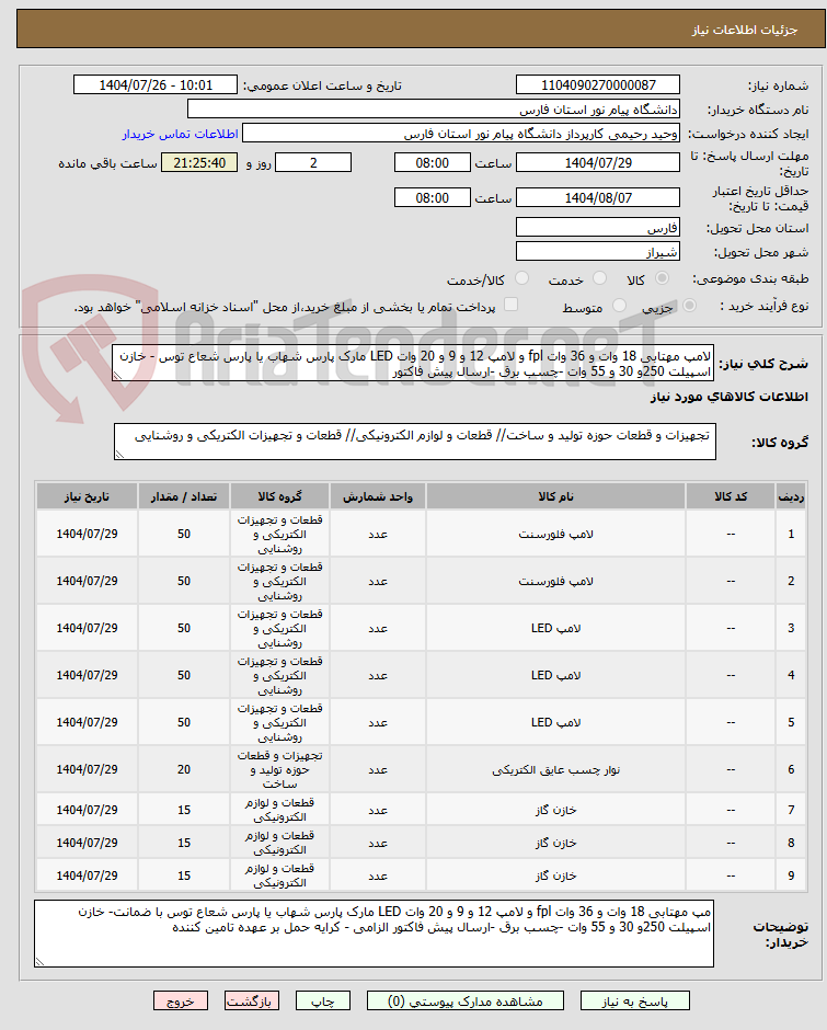 تصویر کوچک آگهی لامپ مهتابی 18 وات و 36 وات fpl و لامپ 12 و 9 و 20 وات LED مارک پارس شهاب یا پارس شعاع توس - خازن اسپیلت 250و 30 و 55 وات -چسب برق -ارسال پیش فاکتور