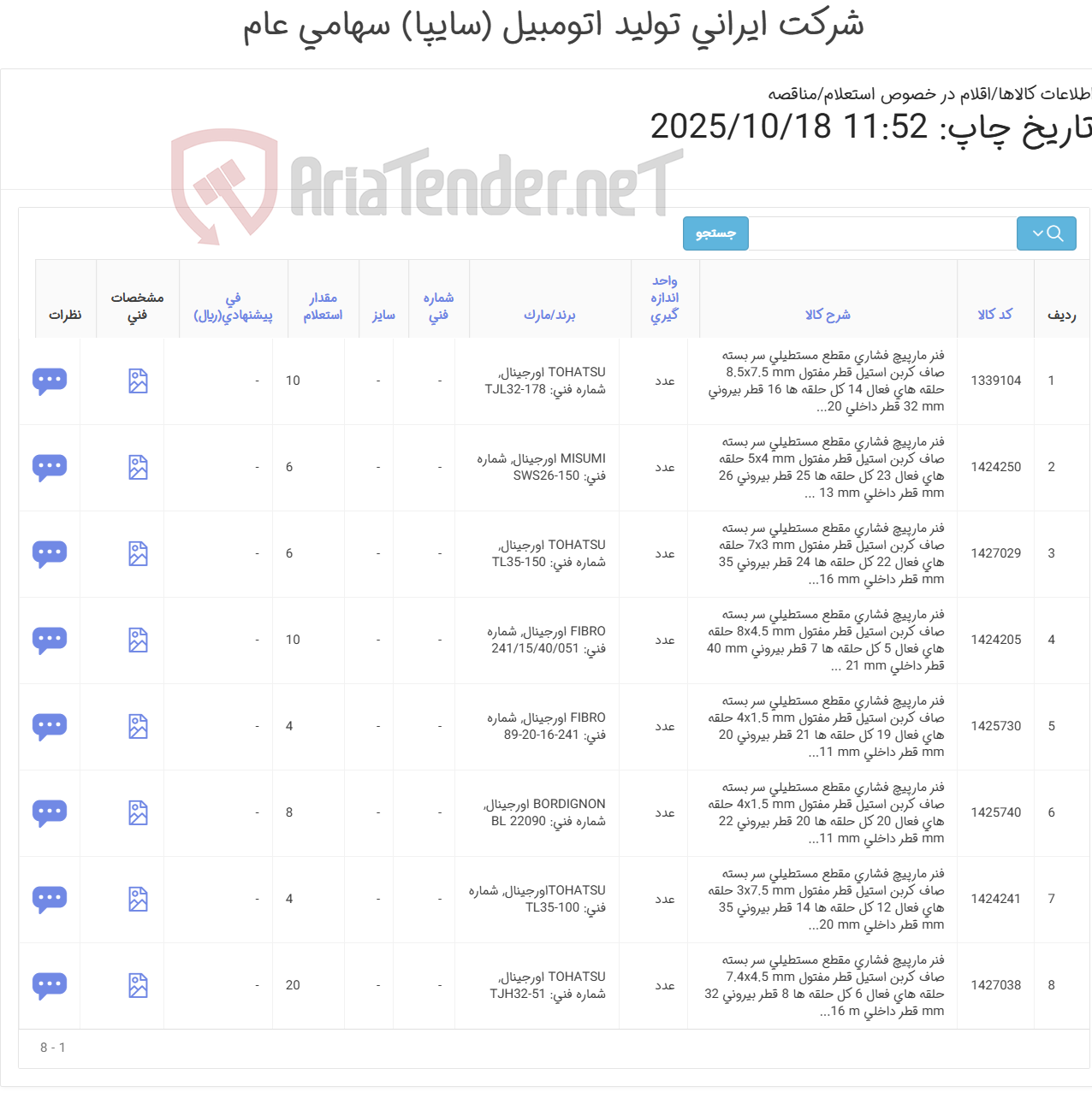 تصویر کوچک آگهی تامین هشت ردیف فنرهای مارپیچ