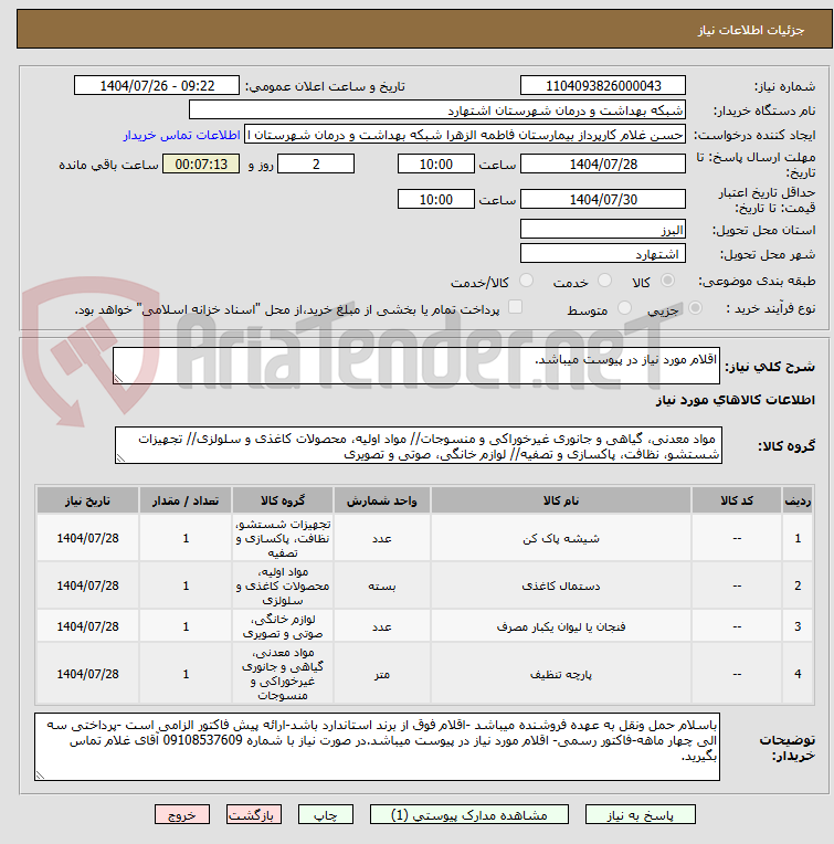 تصویر کوچک آگهی اقلام مورد نیاز در پیوست میباشد.