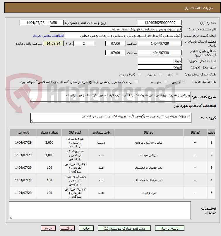 تصویر کوچک آگهی پیراهن و شورت ورزشی، تی شرت تک یقه گرد، توپ فوتبال، توپ فوتسال و توپ والیبال