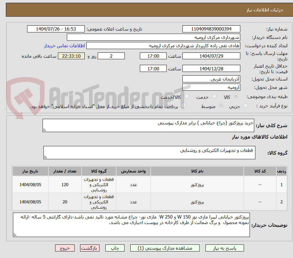 تصویر کوچک آگهی خرید پروژکتور (چراغ خیابانی ) برابر مدارک پیوستی 