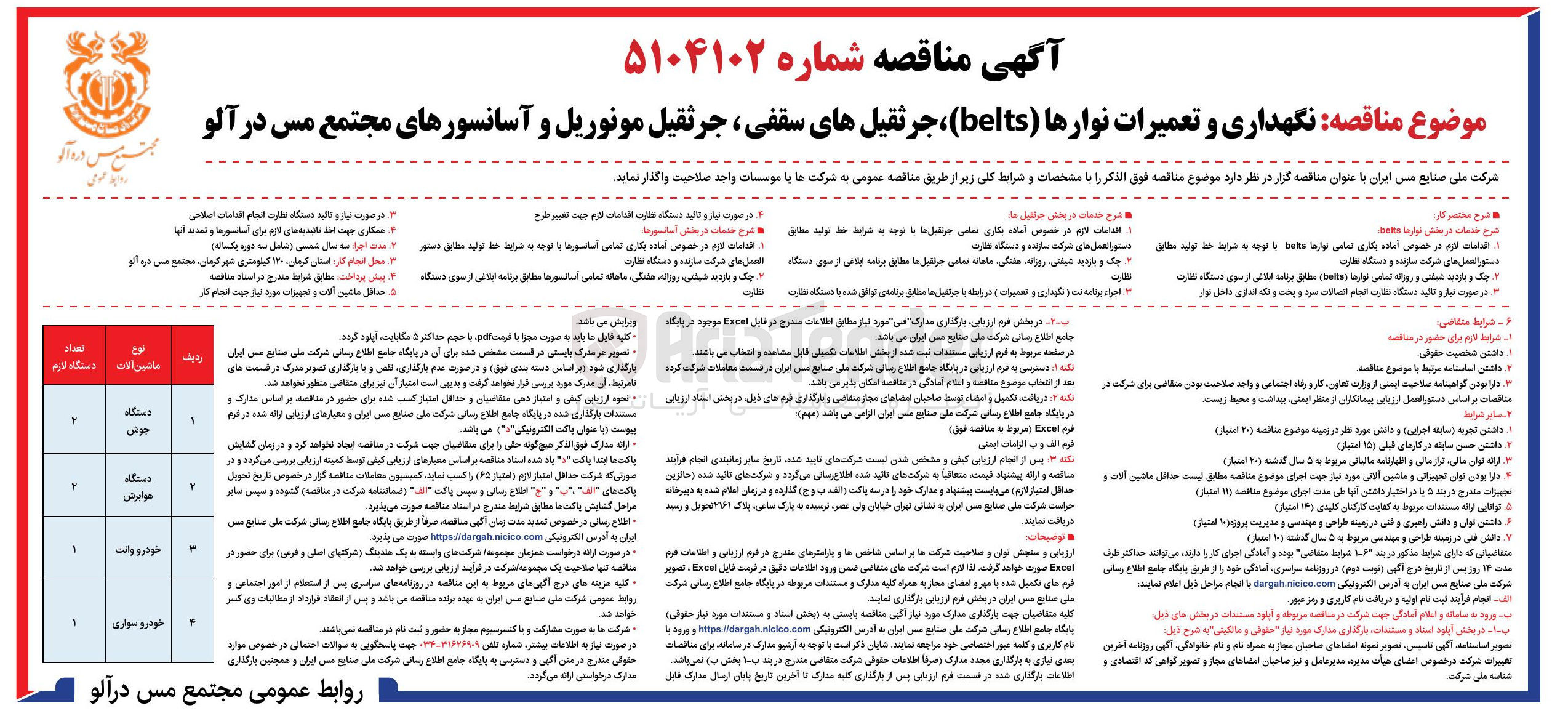 تصویر کوچک آگهی نگهداری و تعمیرات نوارها ( belts ) ، جرثقیل های سقفی جرثقیل مونوریل و آسانسورها