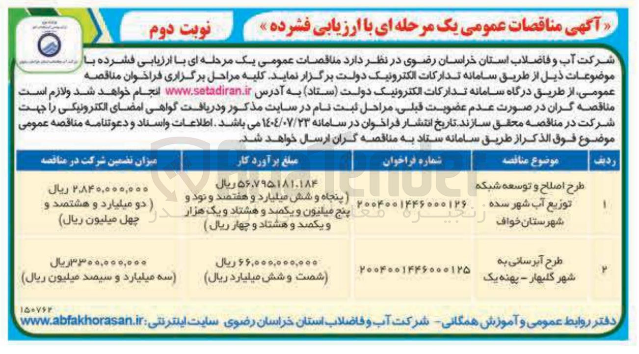 تصویر کوچک آگهی طرح اصلاح و توسعه شبکه توزیع آب شهر سده 
