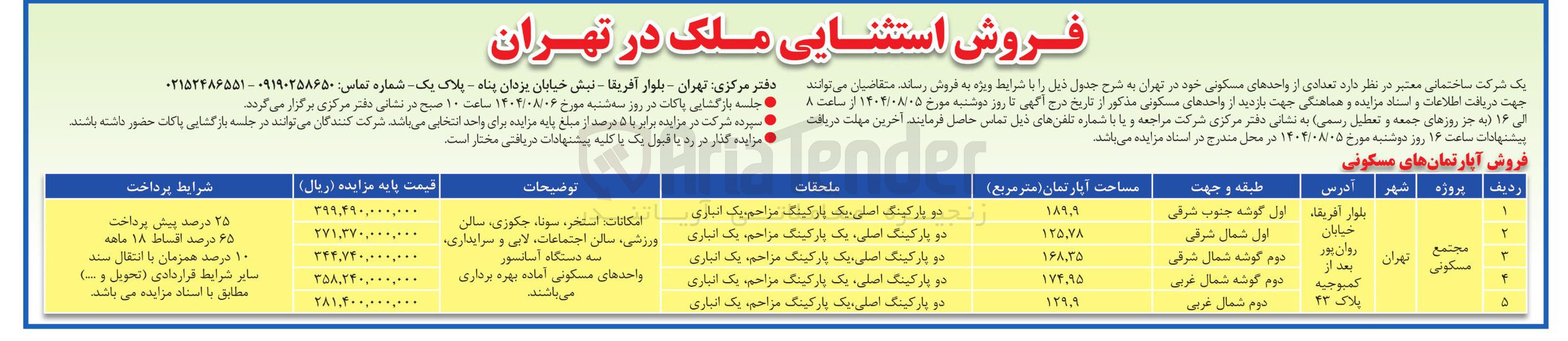 تصویر کوچک آگهی فروش تعدادی از واحدهای مسکونی در 5 ردیف