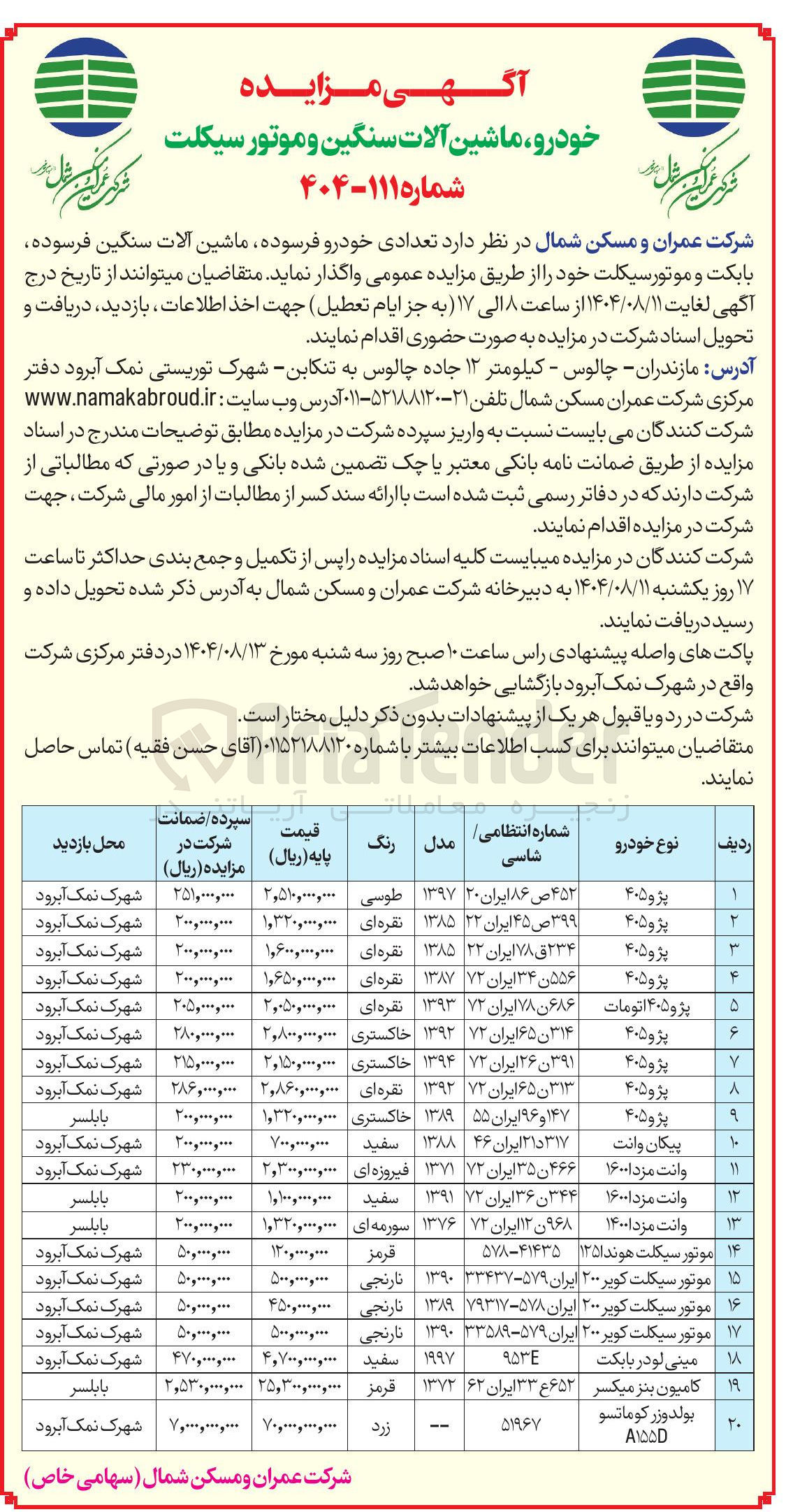 تصویر کوچک آگهی  تعدادی خودرو فرسوده ماشین آلات سنگین فرسوده بابکت و موتورسیکلت